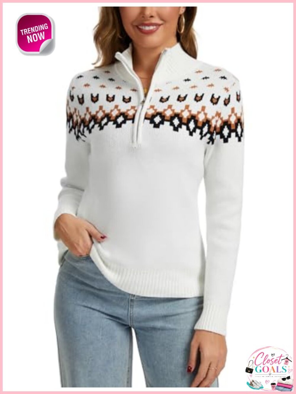 Fair Isle Sweater Quarter Zip Mock Turtleneck Slim Fit Knit Pullover